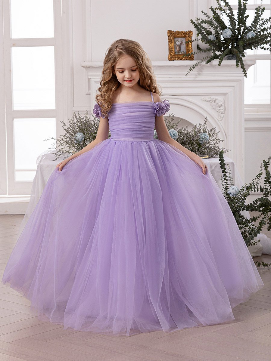 Girls Purple Ruching Detail Mesh Party Dress