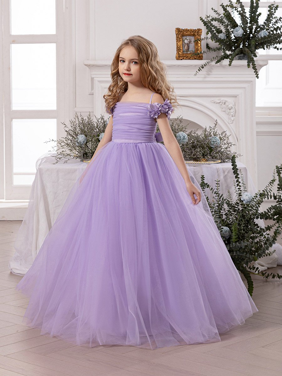 Girls Purple Ruching Detail Mesh Party Dress