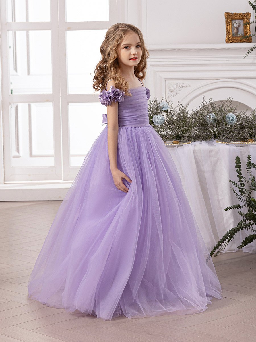 Girls Purple Ruching Detail Mesh Party Dress