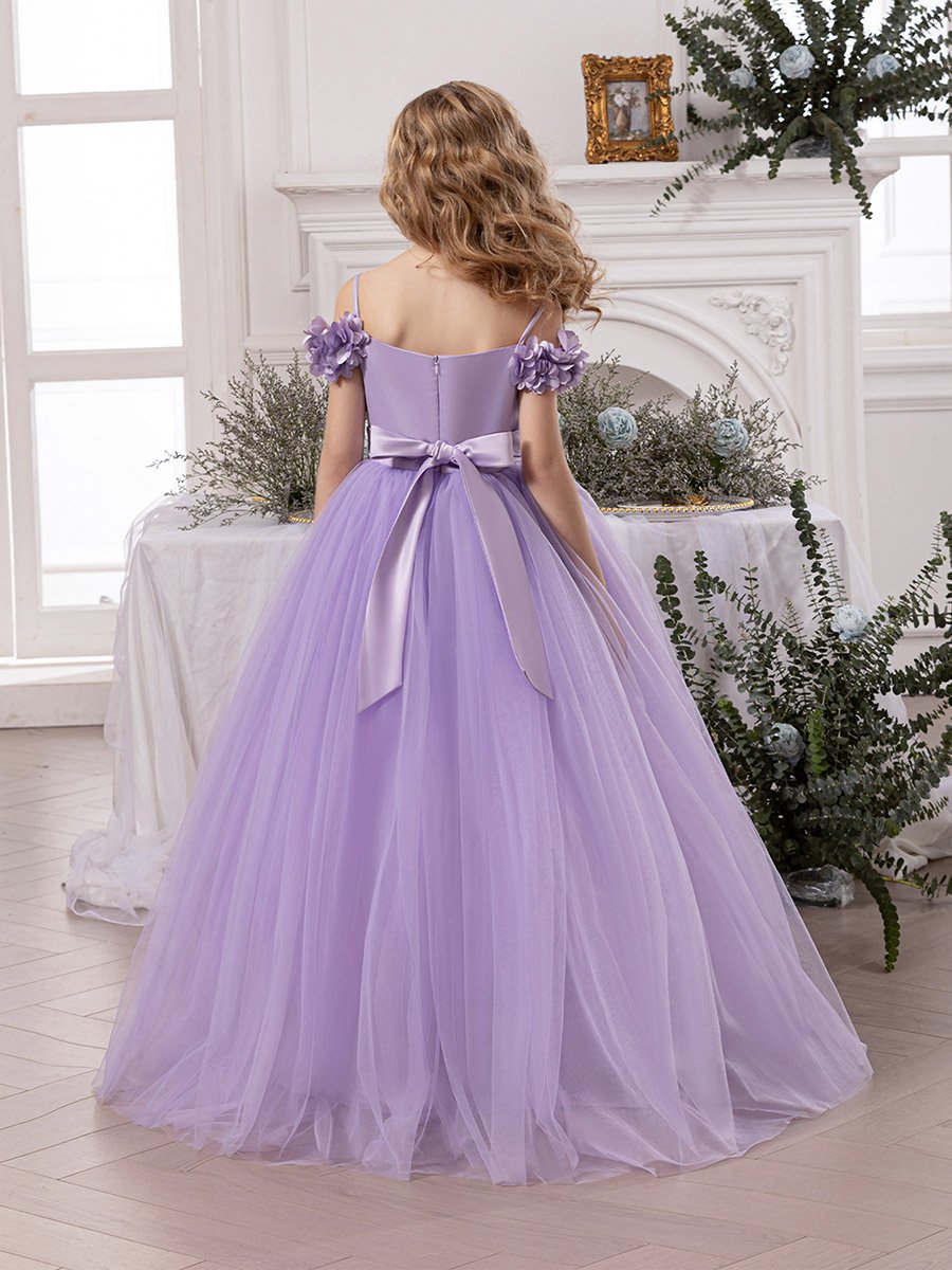 Girls Purple Ruching Detail Mesh Party Dress