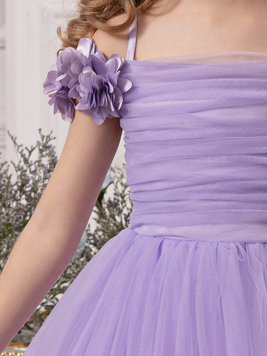 Girls Purple Ruching Detail Mesh Party Dress