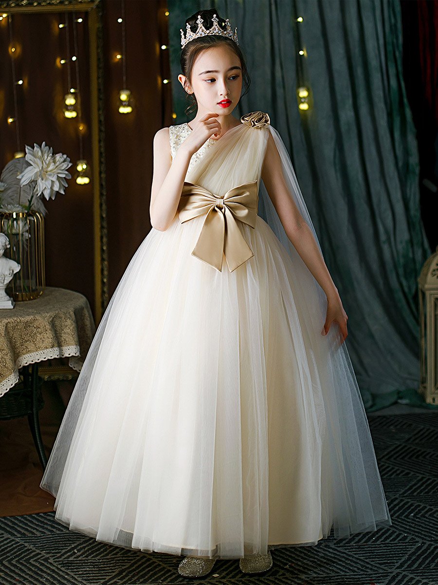 Cream Embellished Bow Detail Mesh Party Dress