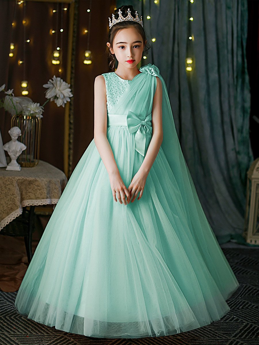Turquoise Embellished Bow Detail Mesh Party Dress
