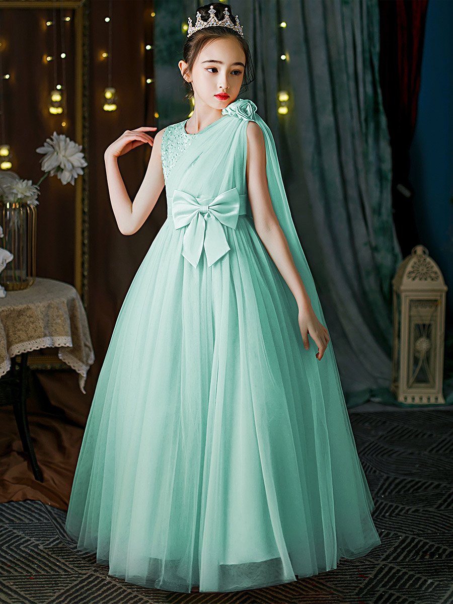 Turquoise Embellished Bow Detail Mesh Party Dress