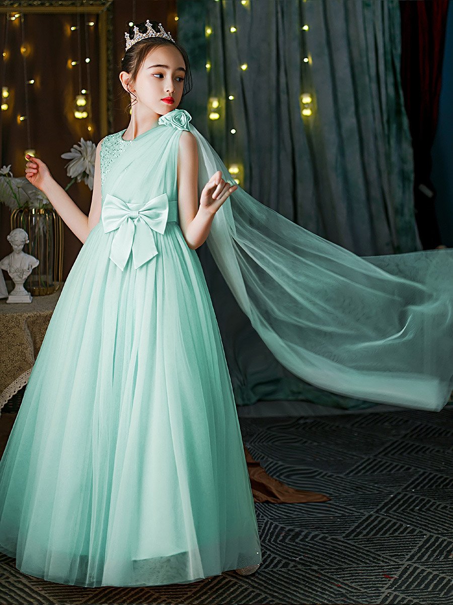 Turquoise Embellished Bow Detail Mesh Party Dress