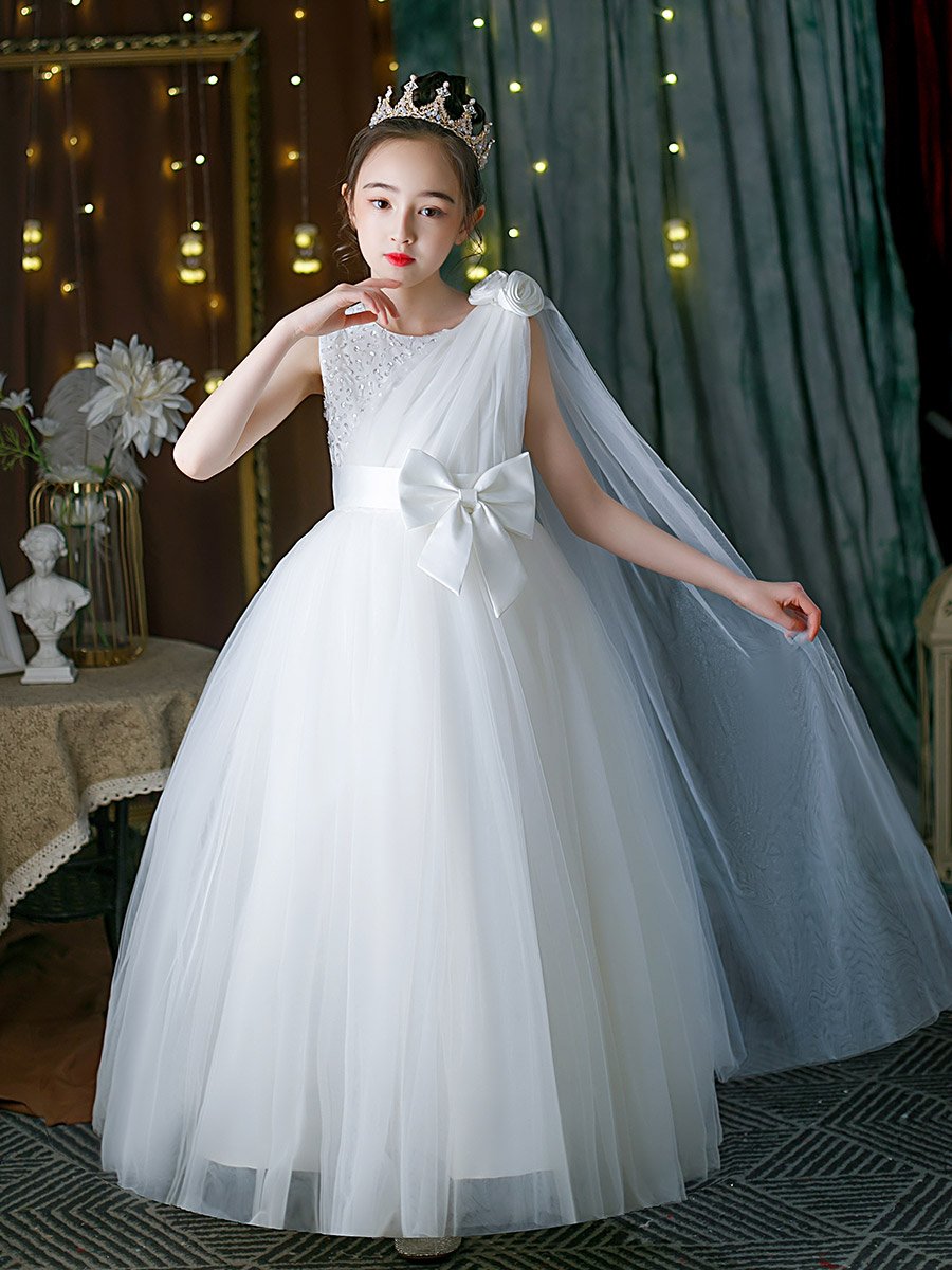 White Embellished Bow Detail Mesh Party Dress