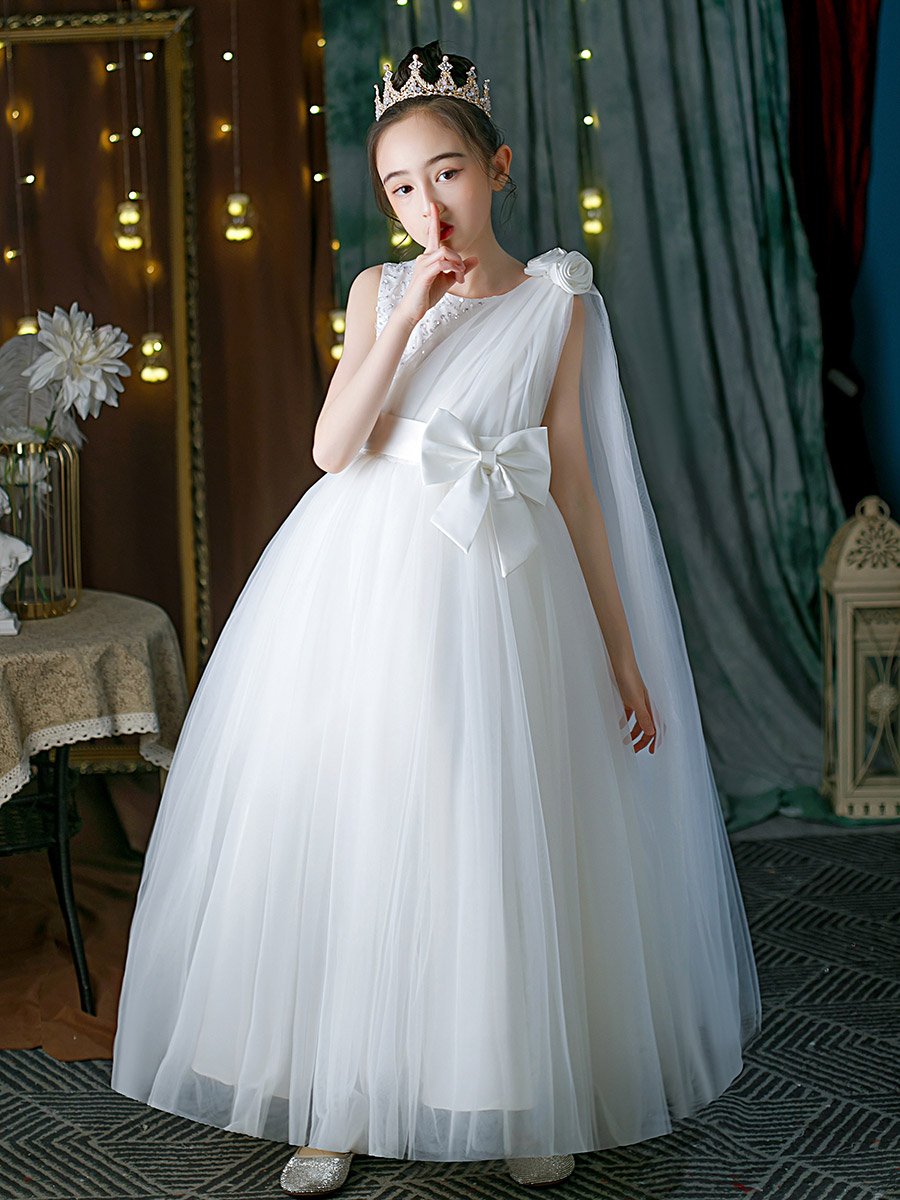 White Embellished Bow Detail Mesh Party Dress