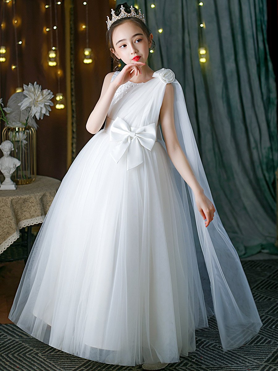 White Embellished Bow Detail Mesh Party Dress