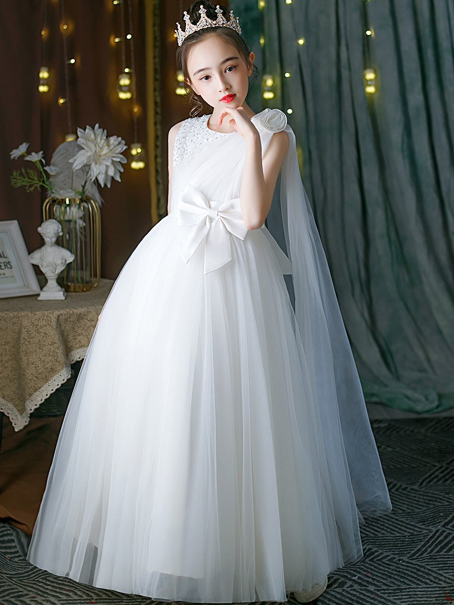 White Embellished Bow Detail Mesh Party Dress