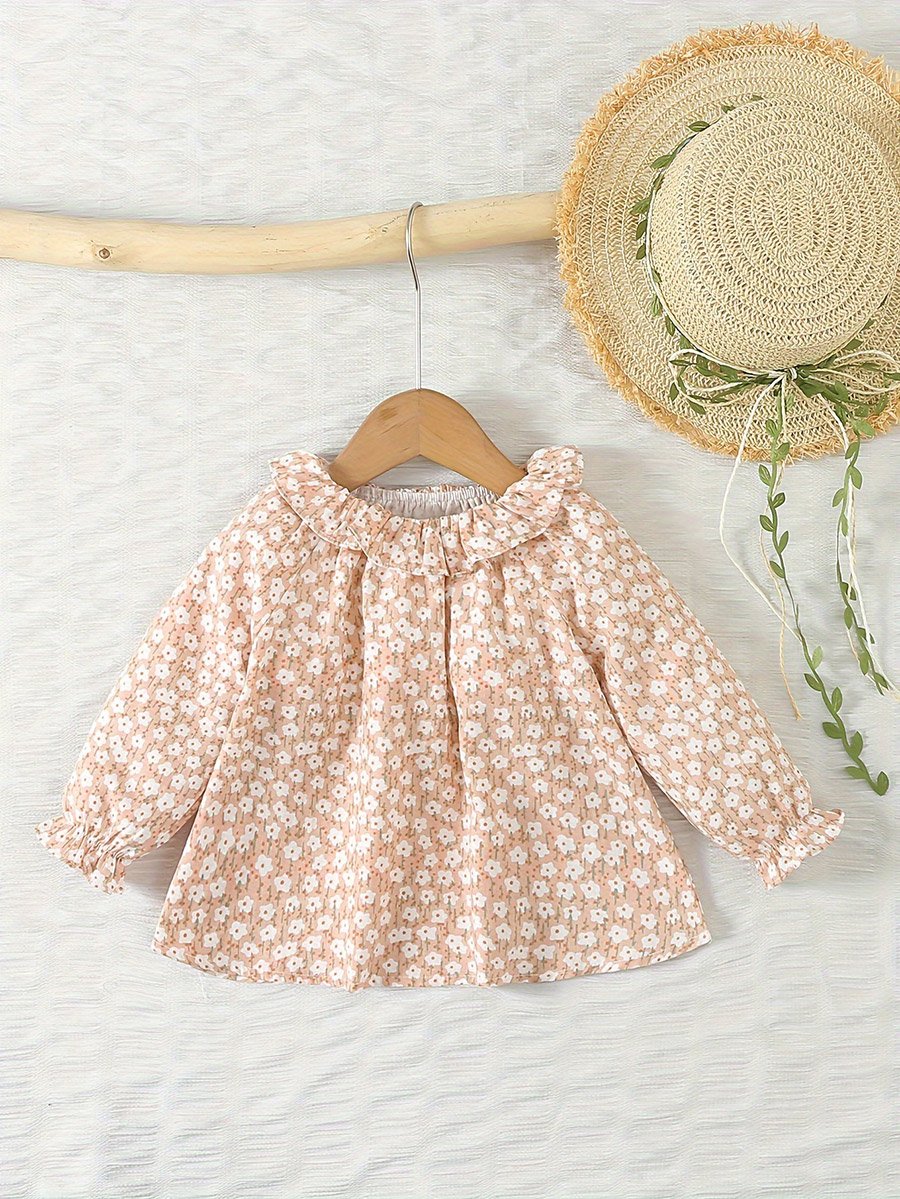 Girls Floral Print Cotton Top with Ruffle Collar