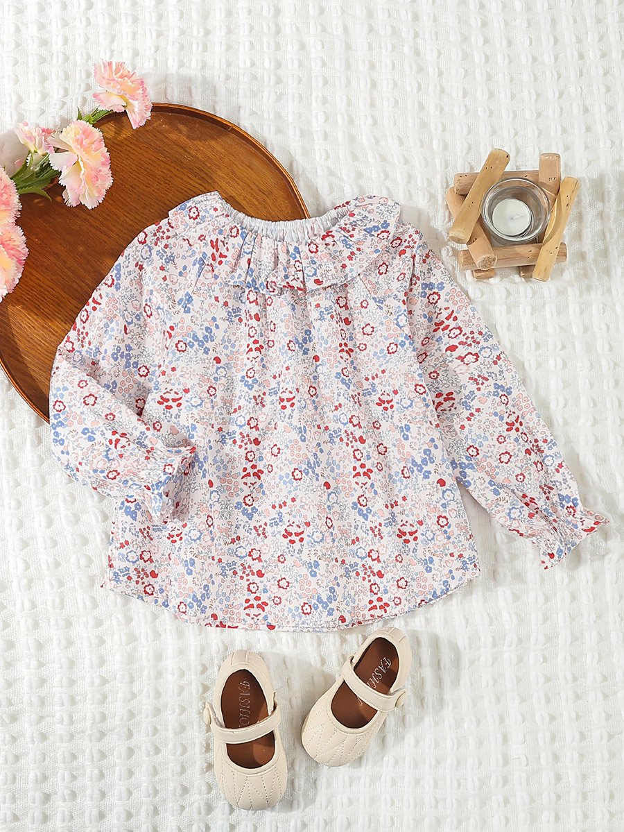 Girls Floral Print Cotton Top with Ruffle Collar