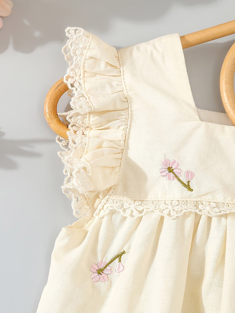 Girls Cream Cotton Embroidered Lace Trim Dress