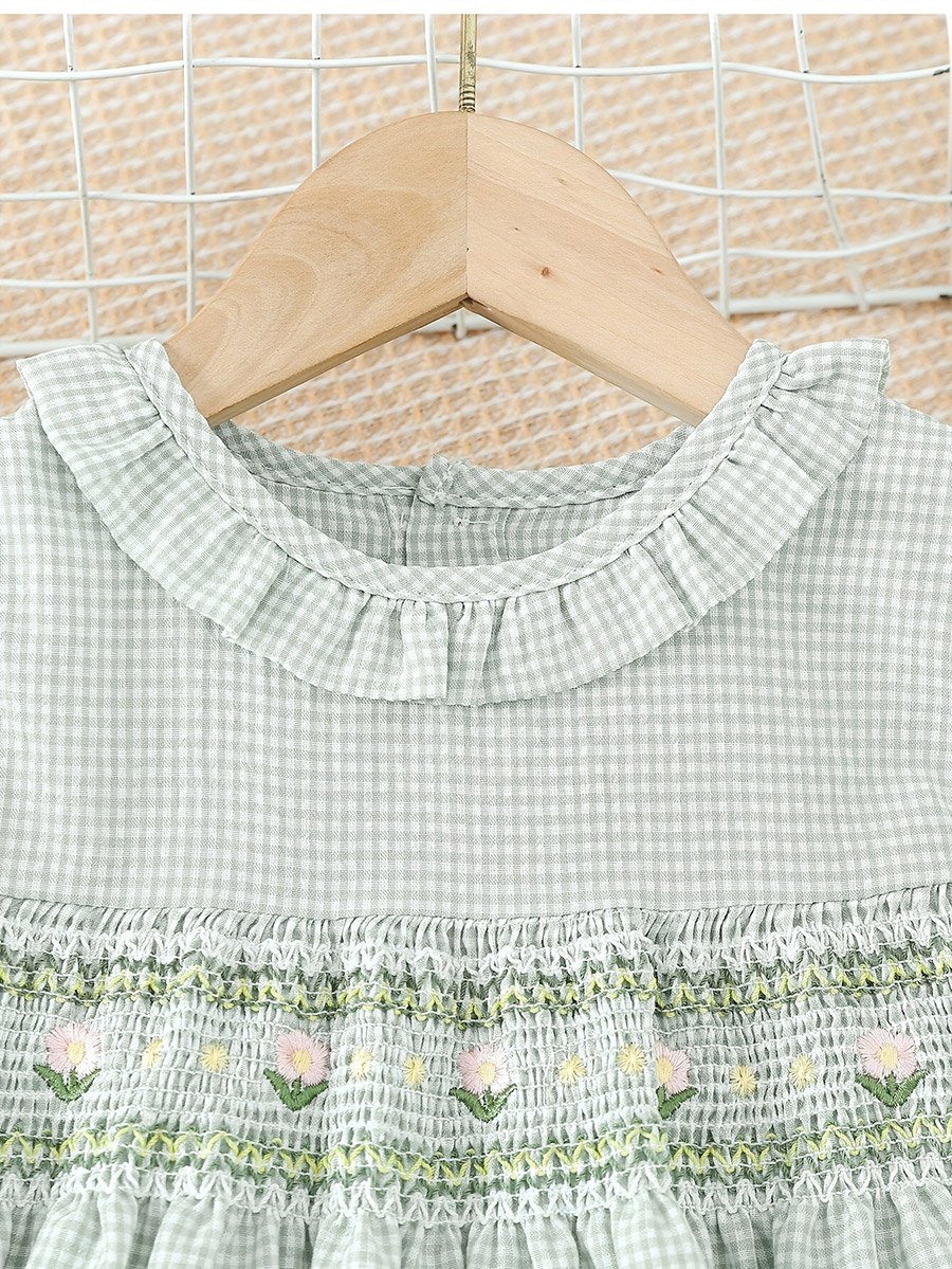 Girls Green Checked Smocked Detail Dress