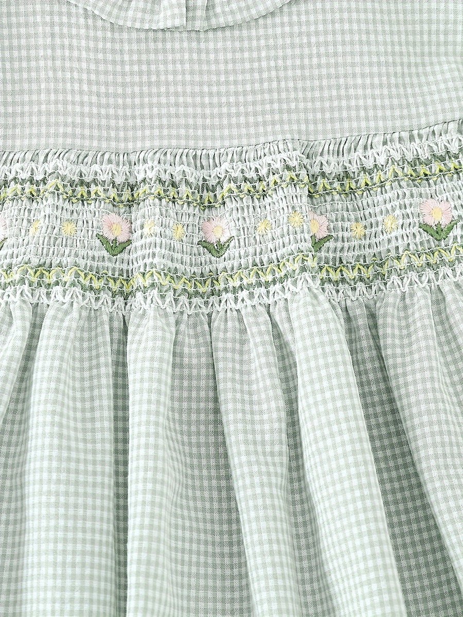 Girls Green Checked Smocked Detail Dress