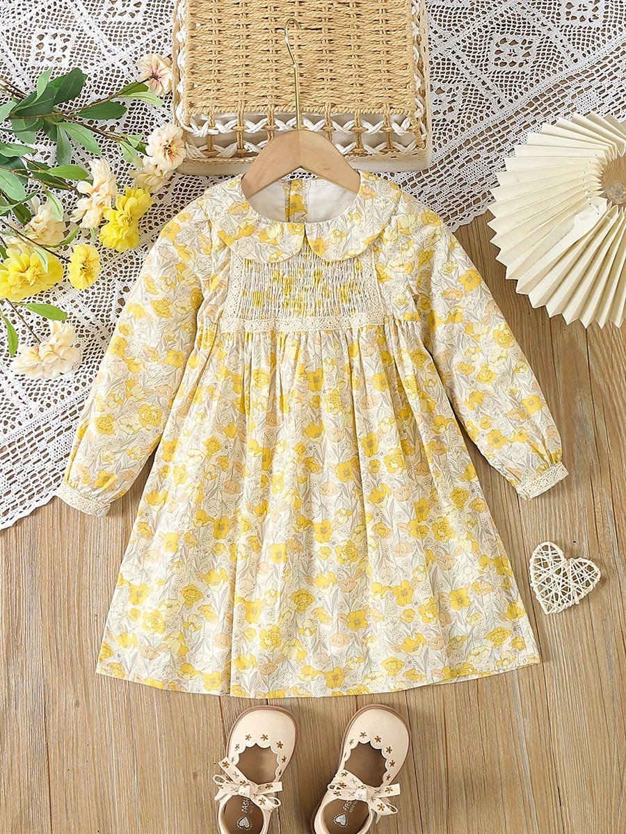 Girls Yellow Cotton Floral Peter Pan Collar Dress For Kids at Bahrain |  Styli