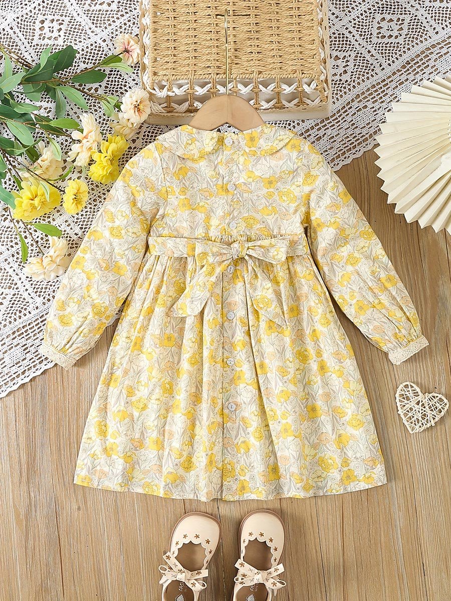 Girls Yellow Cotton Floral Peter Pan Collar Dress