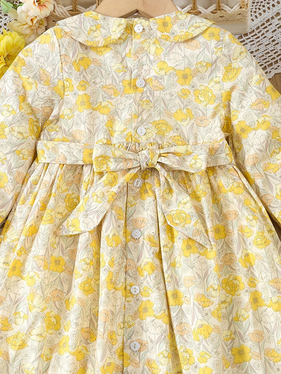 Girls Yellow Cotton Floral Peter Pan Collar Dress