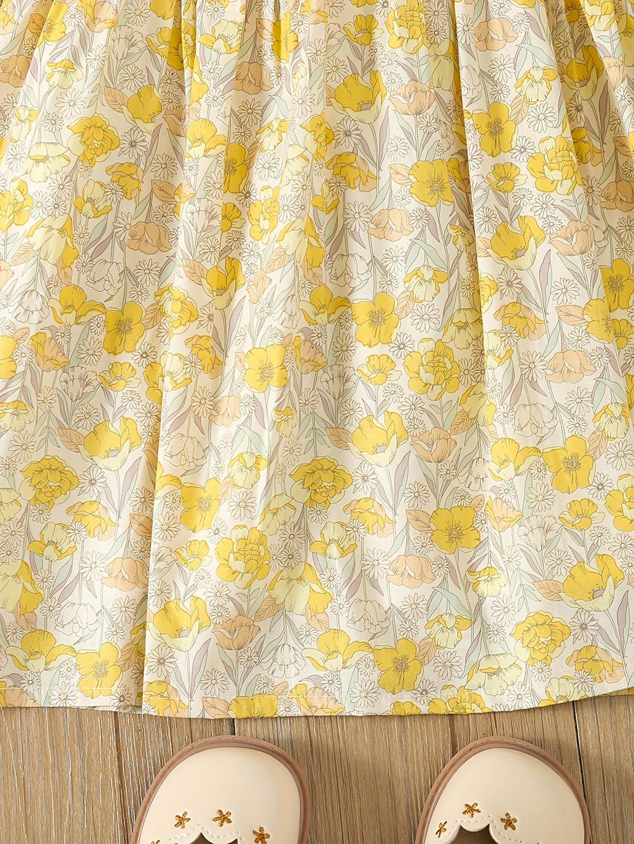 Girls Yellow Cotton Floral Peter Pan Collar Dress