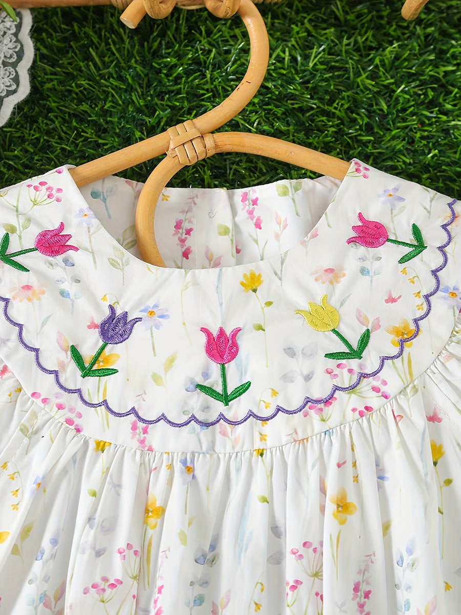 Girls Embroidery Round Neck A-Line Dress