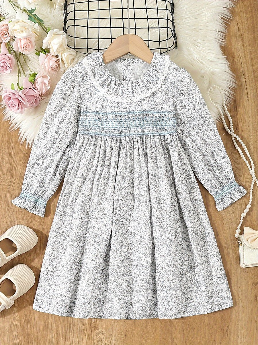 Girls Blue Floral Print Cotton Smocked Detail Dress