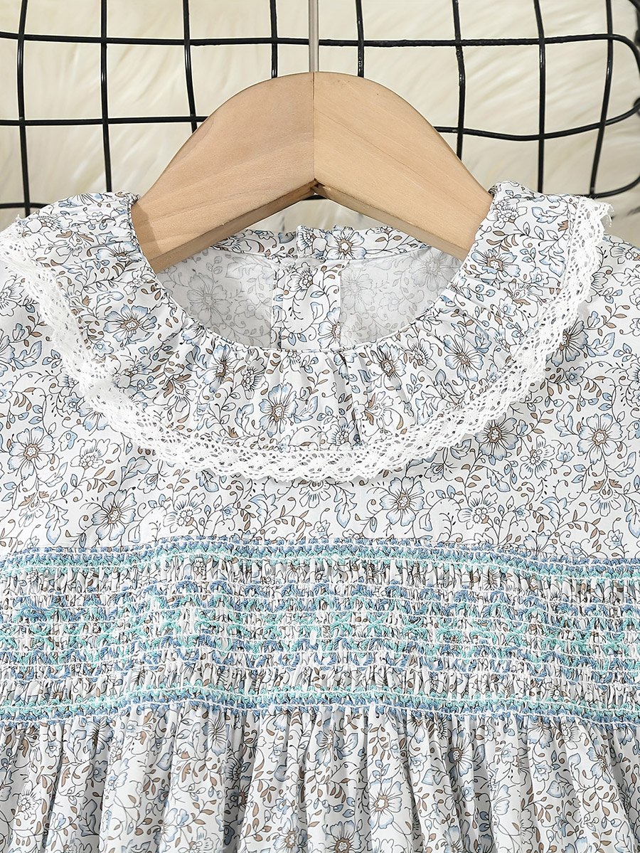 Girls Blue Floral Print Cotton Smocked Detail Dress
