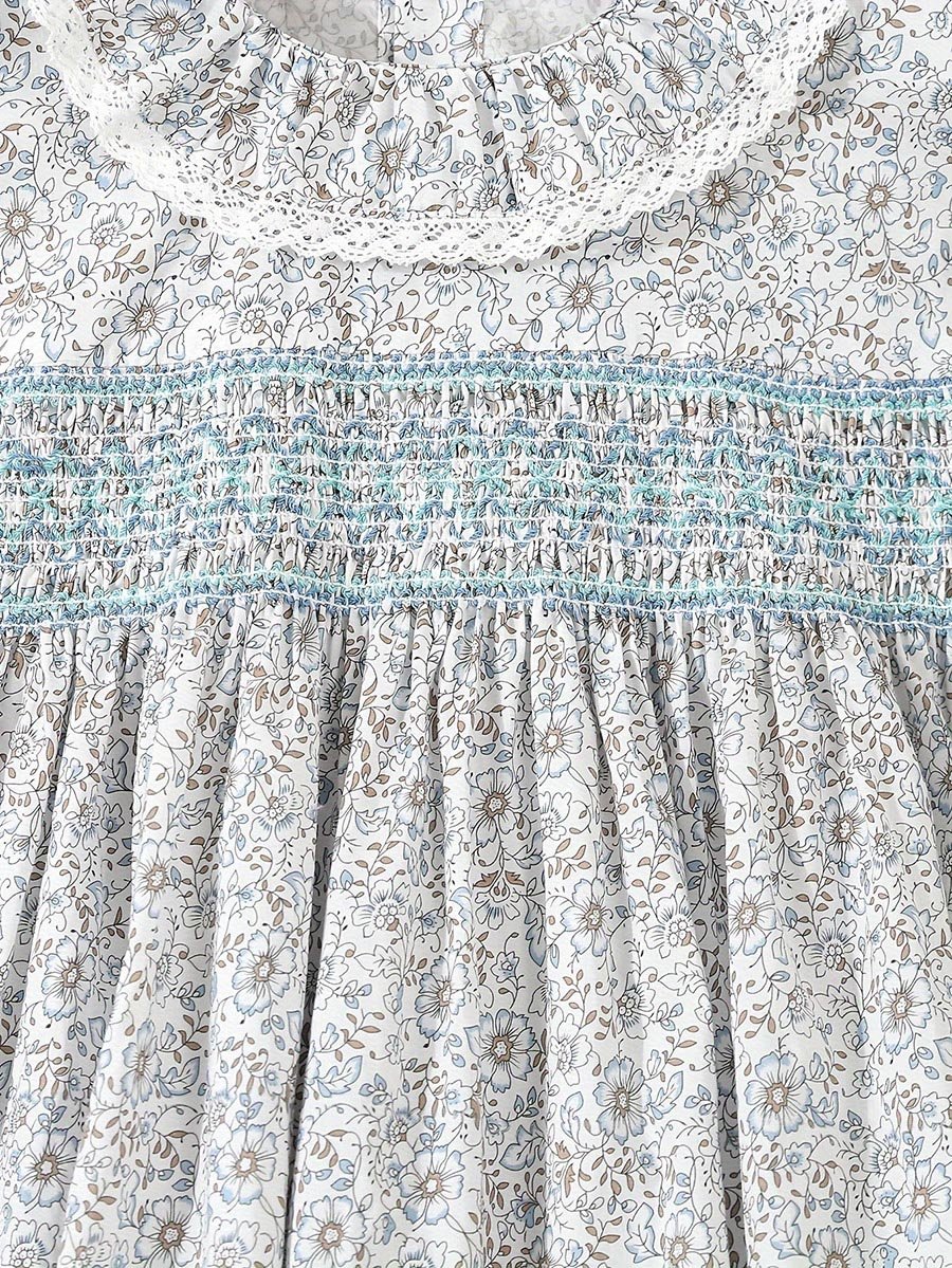Girls Blue Floral Print Cotton Smocked Detail Dress