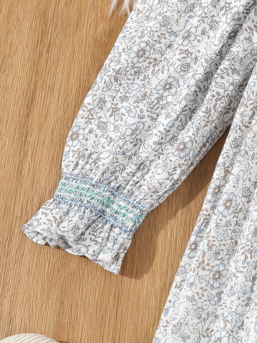 Girls Blue Floral Print Cotton Smocked Detail Dress