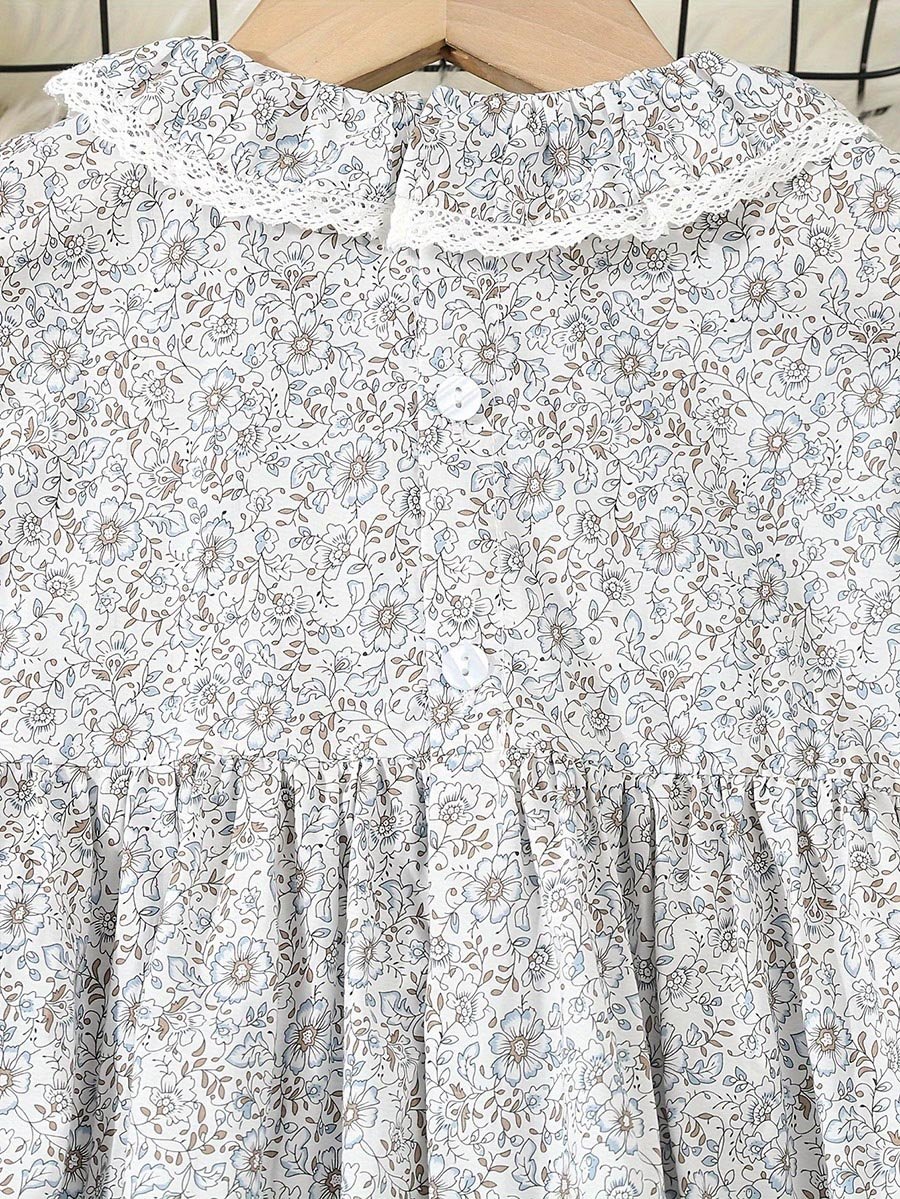 Girls Blue Floral Print Cotton Smocked Detail Dress
