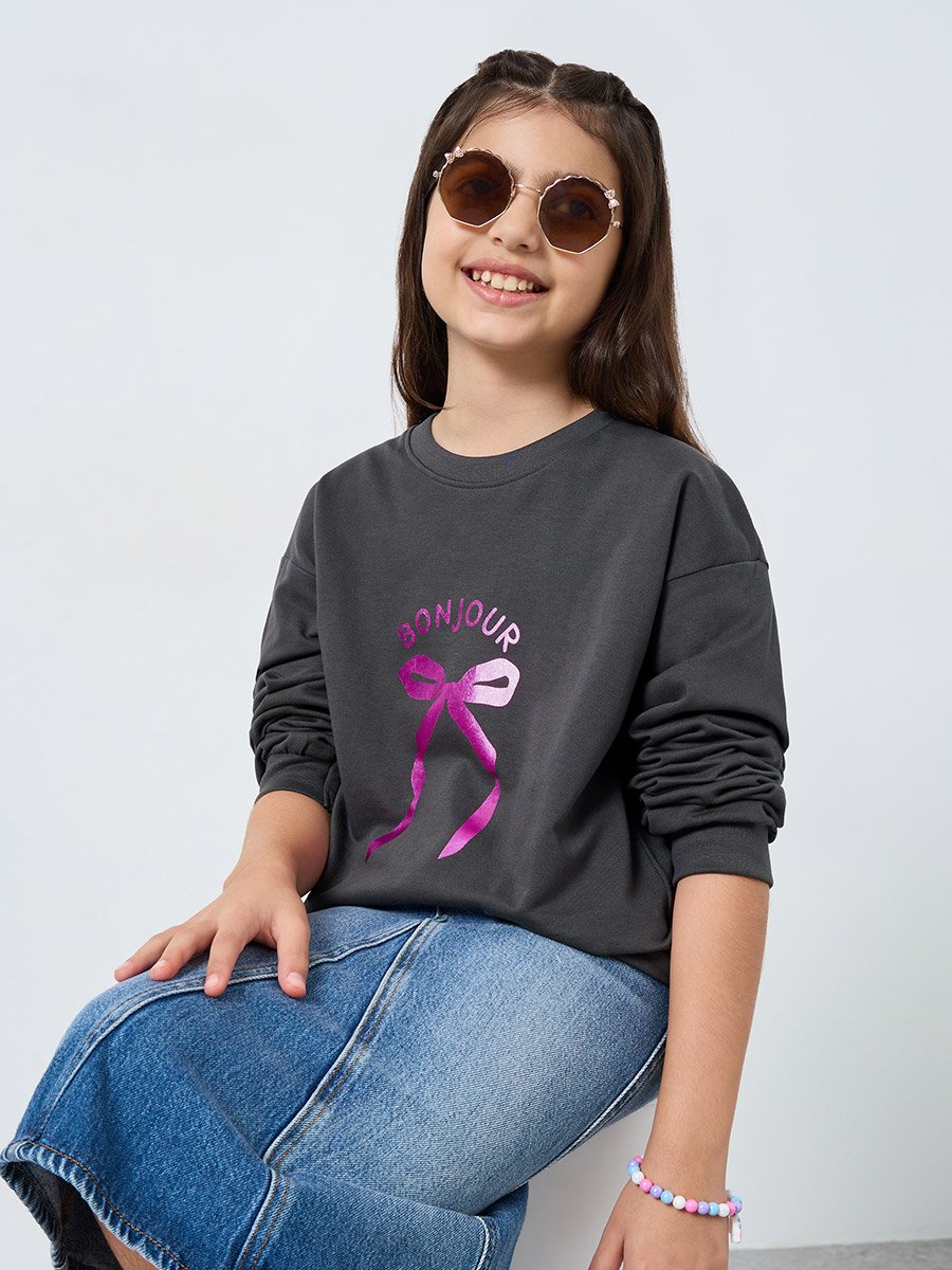 Girls Grey Printed Sweatshirt