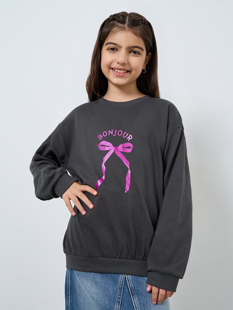 Girls Grey Printed Sweatshirt