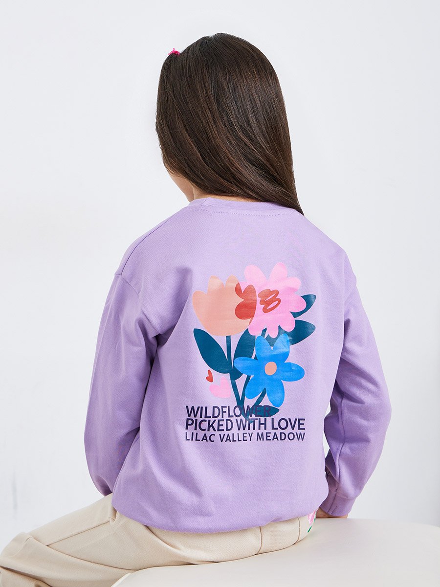 Girls Purple Floral Print Cotton Sweatshirt