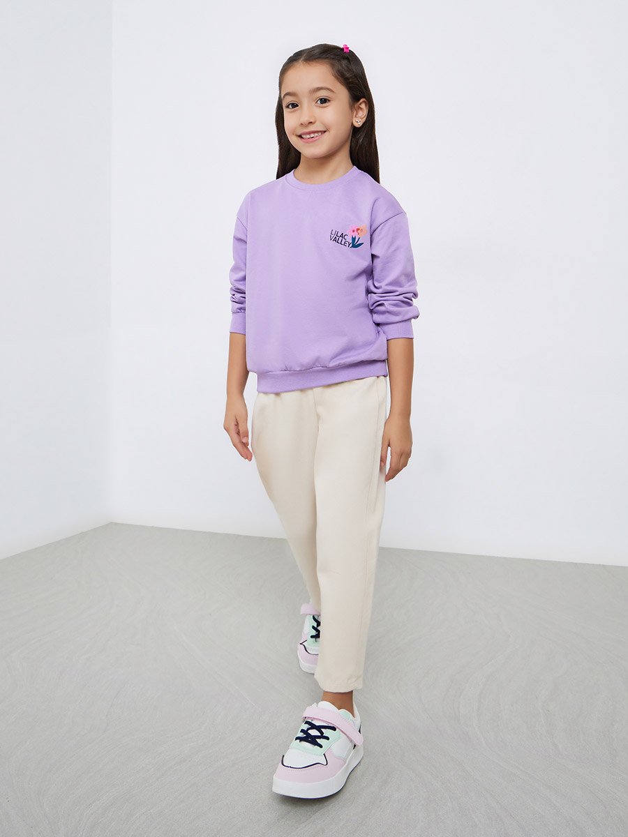 Girls Purple Floral Print Cotton Sweatshirt