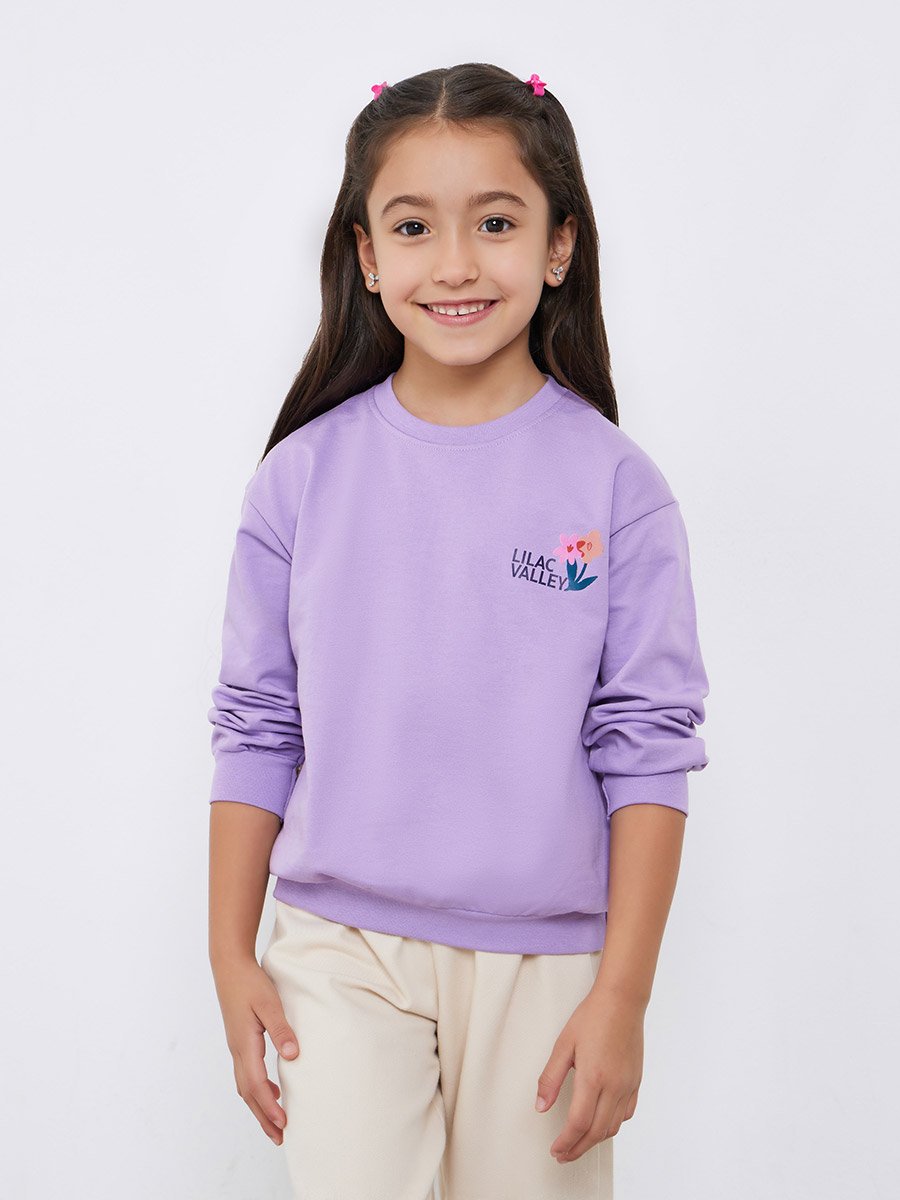 Girls Purple Floral Print Cotton Sweatshirt