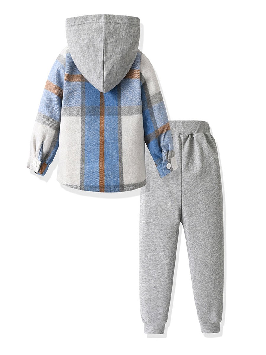 Boys Blue Checked Hooded Shirt and Jogger Set