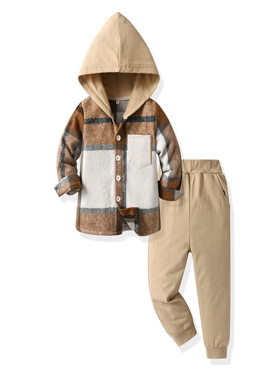 Boys Brown Checked Hooded Shirt and Jogger Set