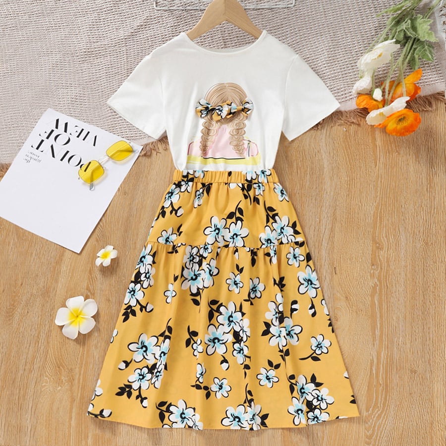 Girls Graphic Print Bow Detail T-Shirt and Skirt Set
