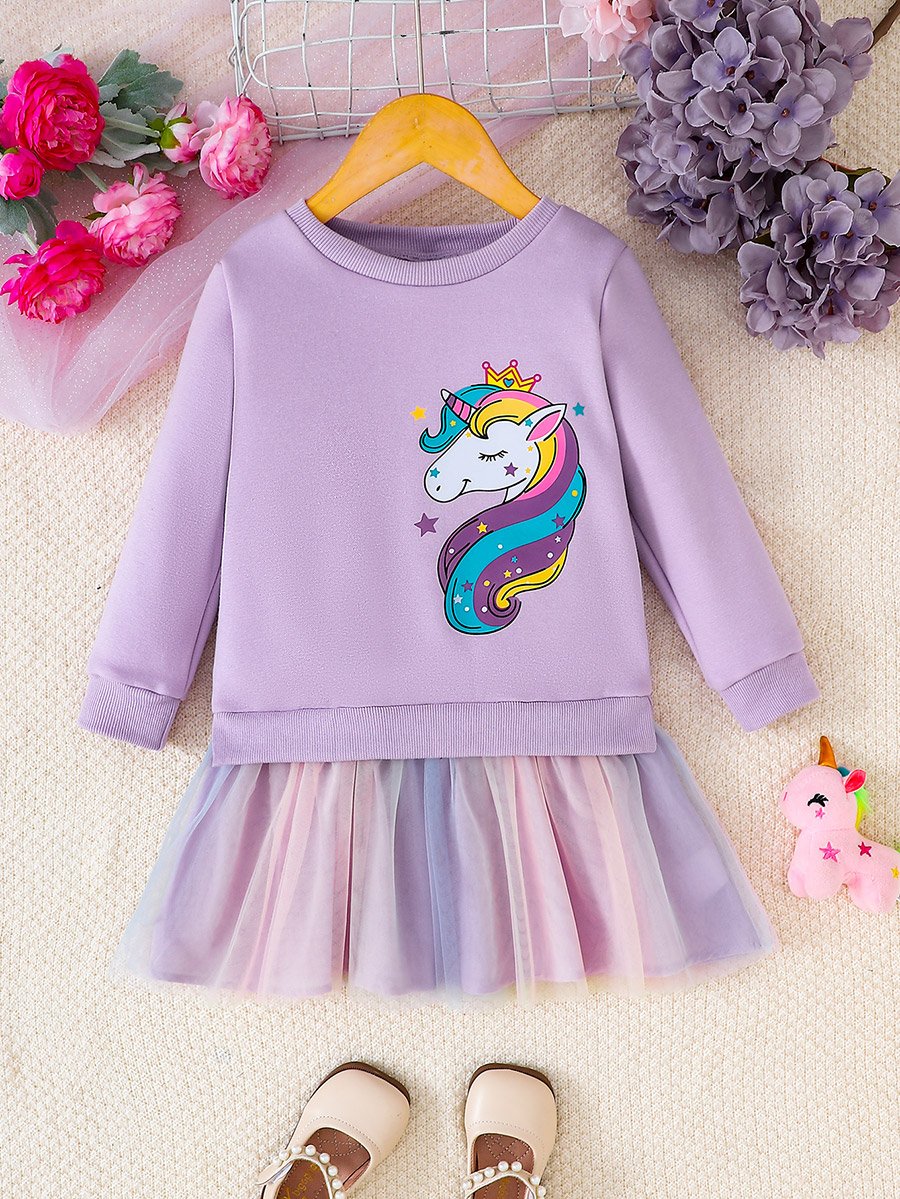 Girls Purple Unicorn Sweatshirt and Mesh Skirt Set