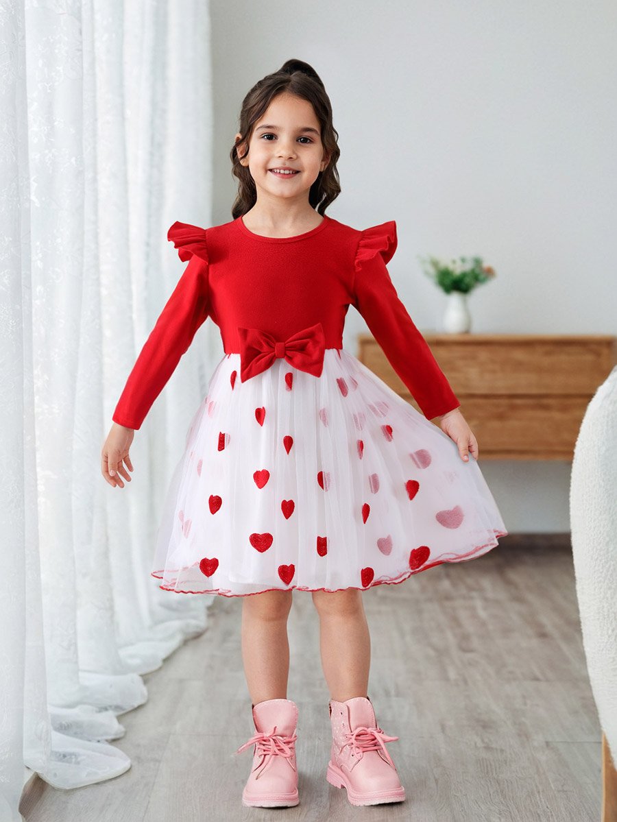 Girls Bow Decor Heart Mesh Dress