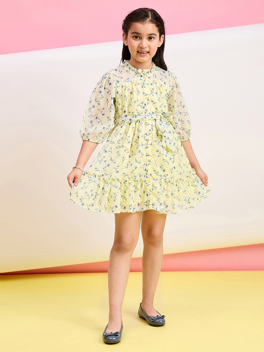 Flower Print High Neck Dress with Tie Belt