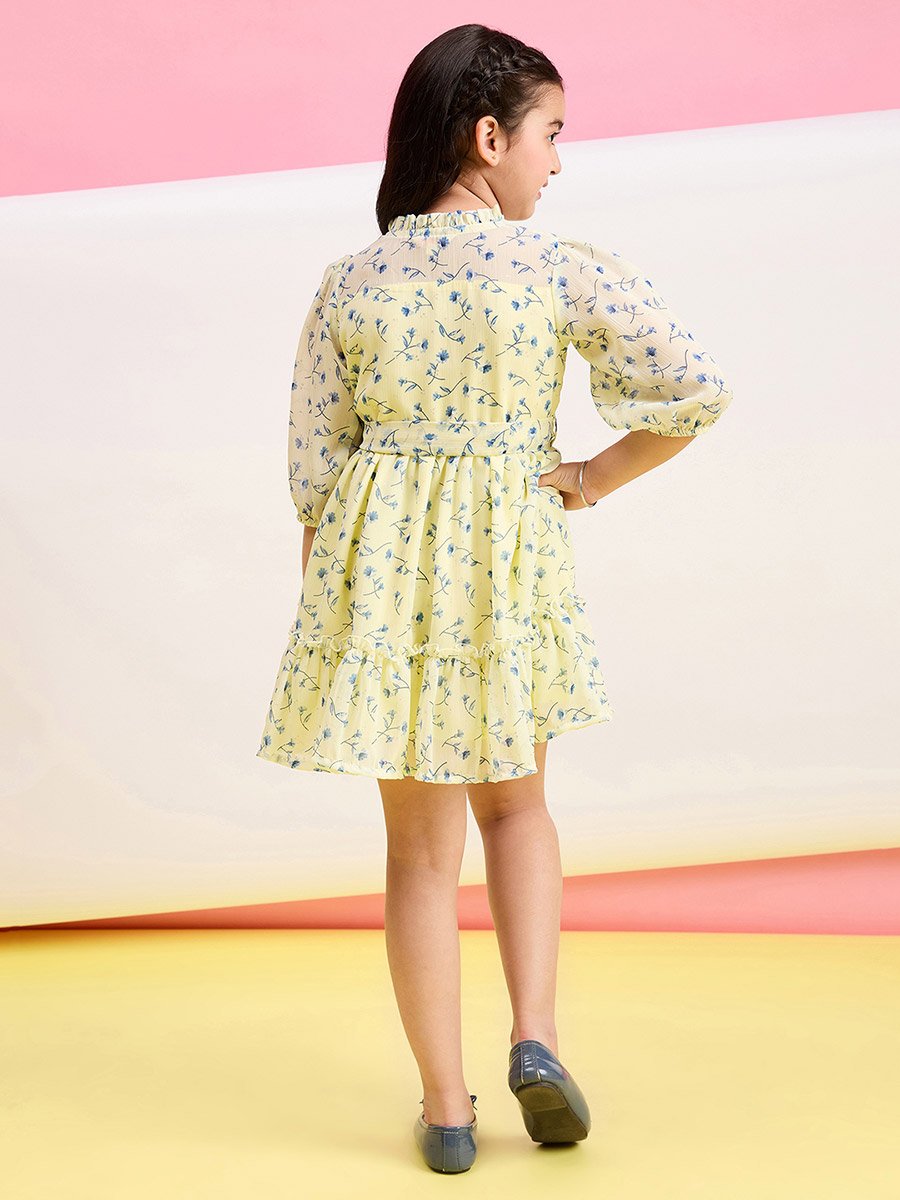 Flower Print High Neck Dress with Tie Belt