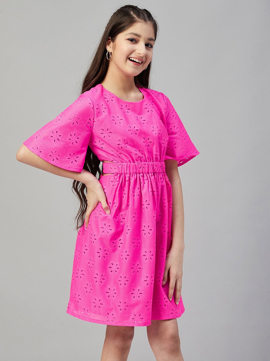 Flower Lace Insert Elastic Waist Dress