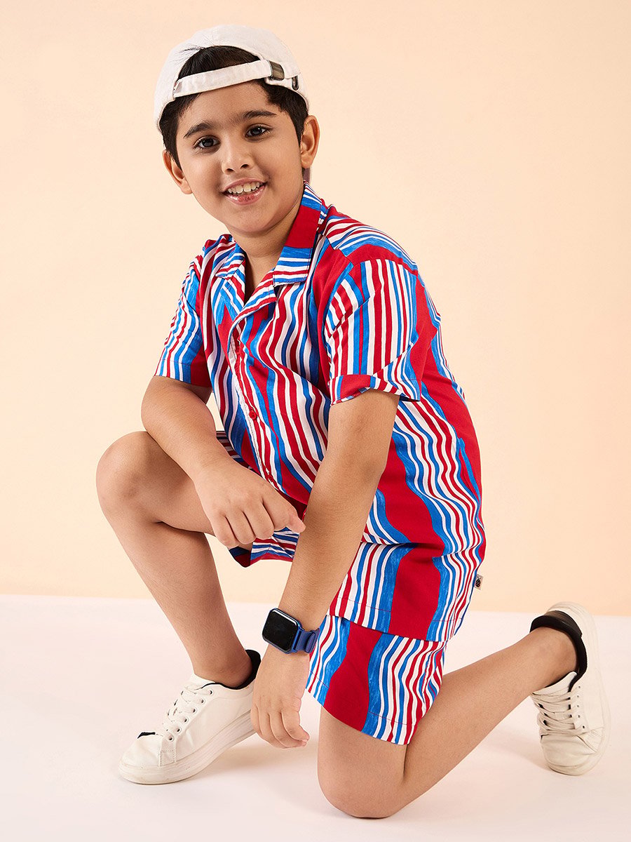 Striped Print Collar Neck Shirt and Shorts Set