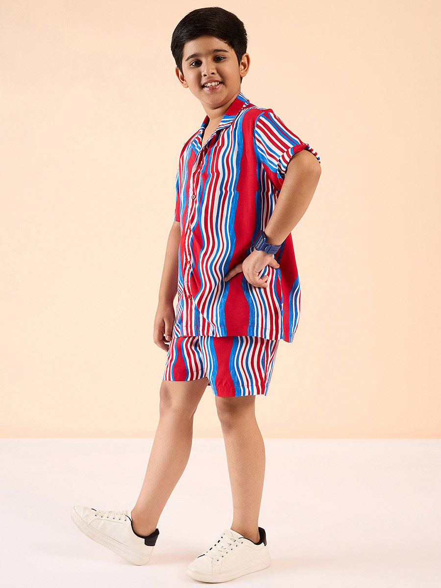 Striped Print Collar Neck Shirt and Shorts Set