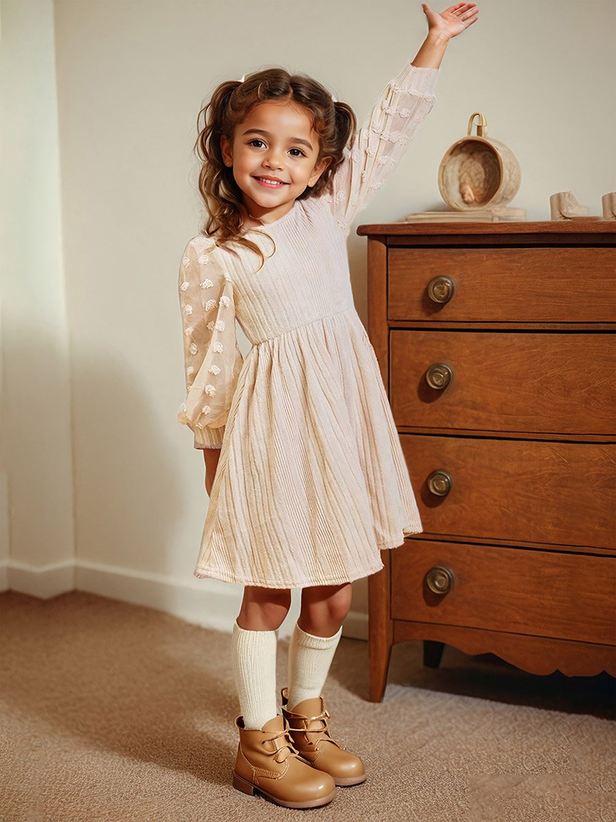 Girls Beige Textured Knit Dobby Dress