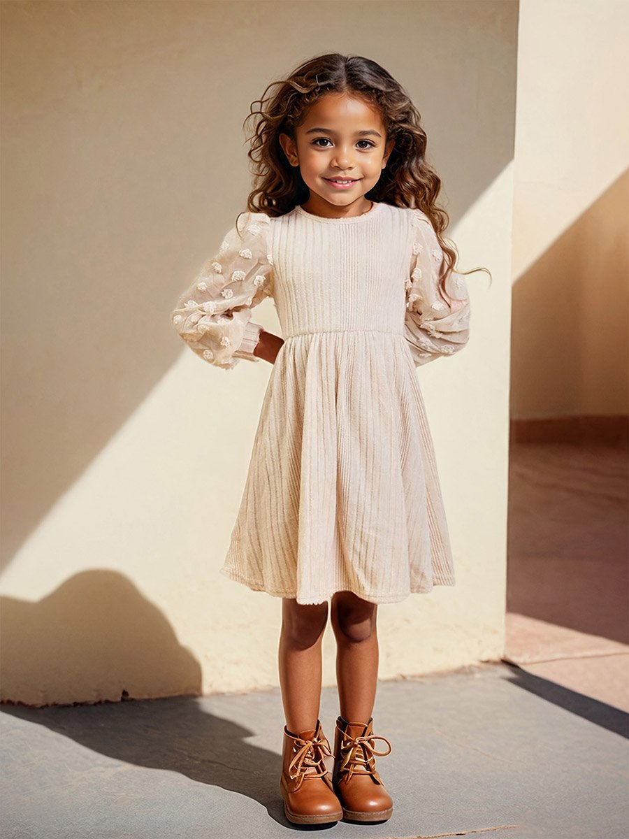 Girls Beige Textured Knit Dobby Dress