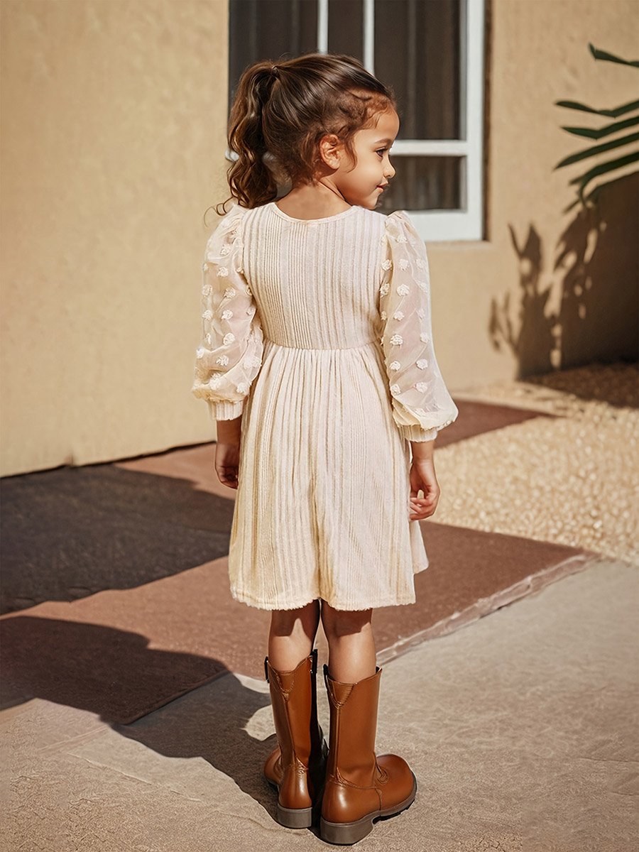 Girls Beige Textured Knit Dobby Dress