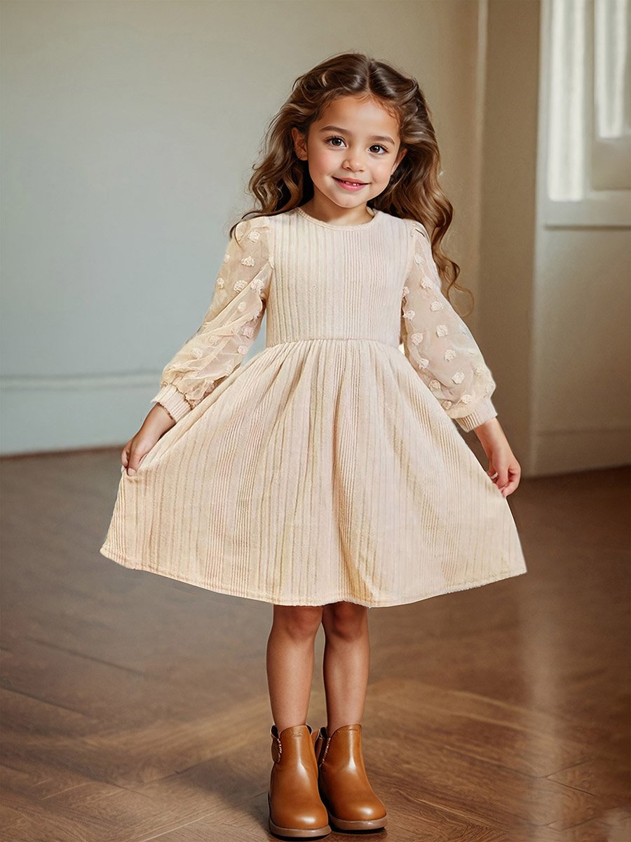 Girls Beige Textured Knit Dobby Dress
