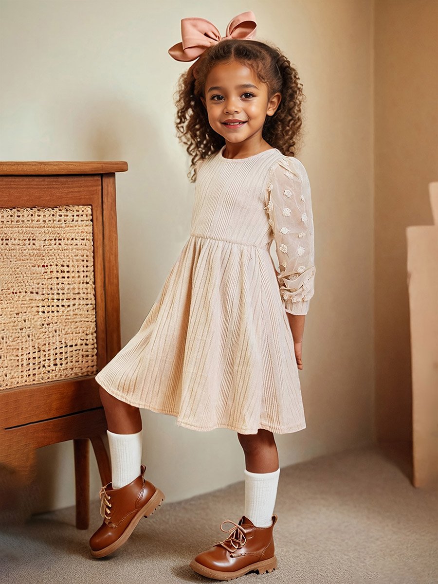 Girls Beige Textured Knit Dobby Dress