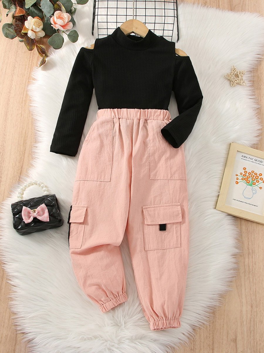 Solid Cold Shoulder Top with Joggers Set