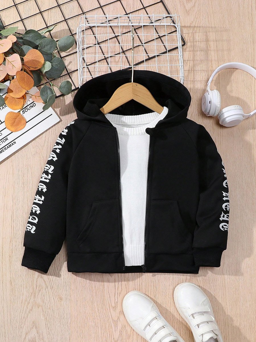 Letter Print Zip Front Hoodie